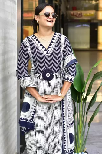 White cotton silk printed kurta set