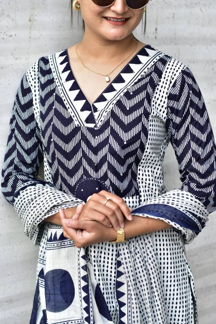 White cotton silk printed kurta set