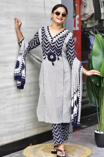 White cotton silk printed kurta set