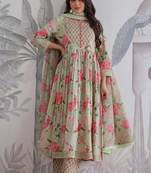 Green cotton silk hand embroidery kurta set
