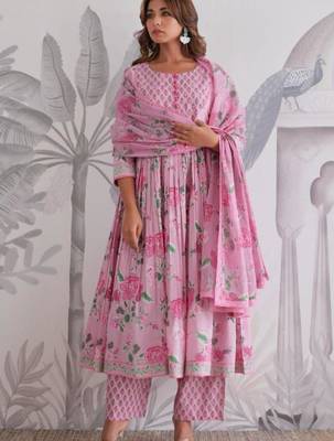 Pink cotton silk hand embroidery kurta set 1