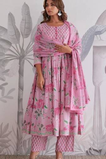 Pink cotton silk hand embroidery kurta set