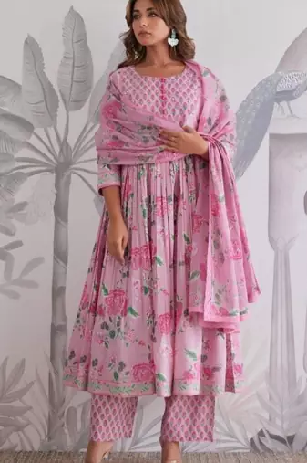 Pink cotton silk hand embroidery kurta set
