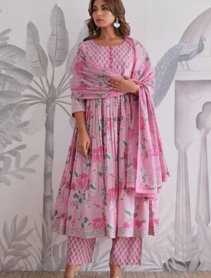Pink cotton silk hand embroidery kurta set