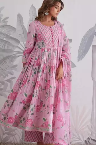 Pink cotton silk hand embroidery kurta set