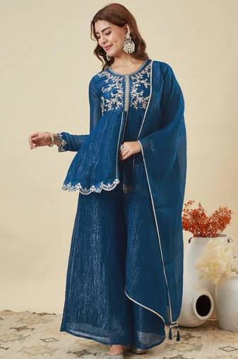 Teal blue silk blend embroidered kurta set