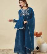 Teal blue silk blend embroidered kurta set