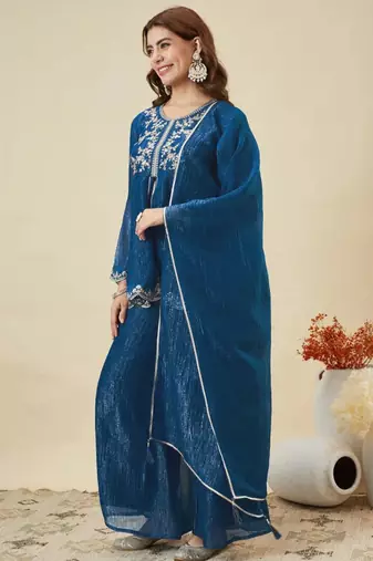Teal blue silk blend embroidered kurta set