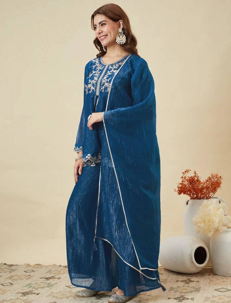 Teal blue silk blend embroidered kurta set