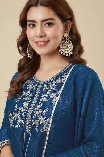 Teal blue silk blend embroidered kurta set