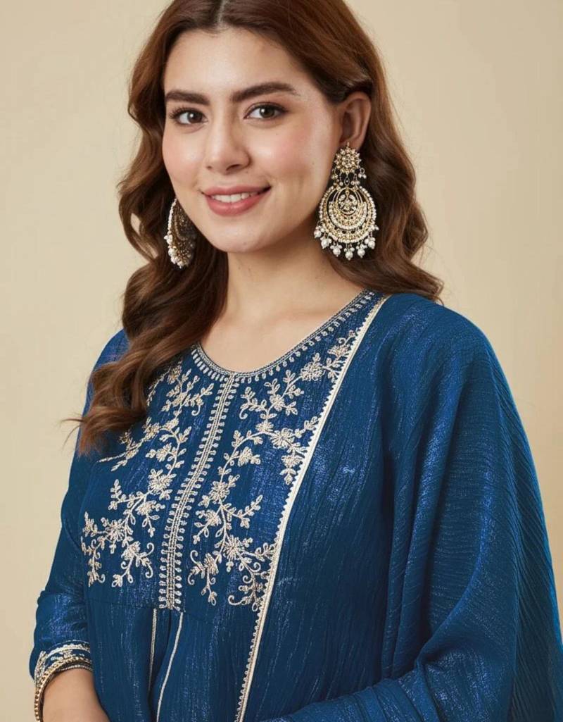 Teal blue silk blend embroidered kurta set
