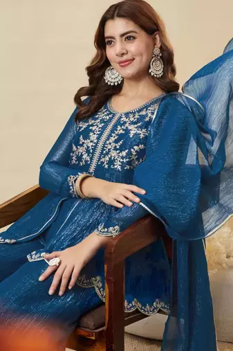Teal blue silk blend embroidered kurta set