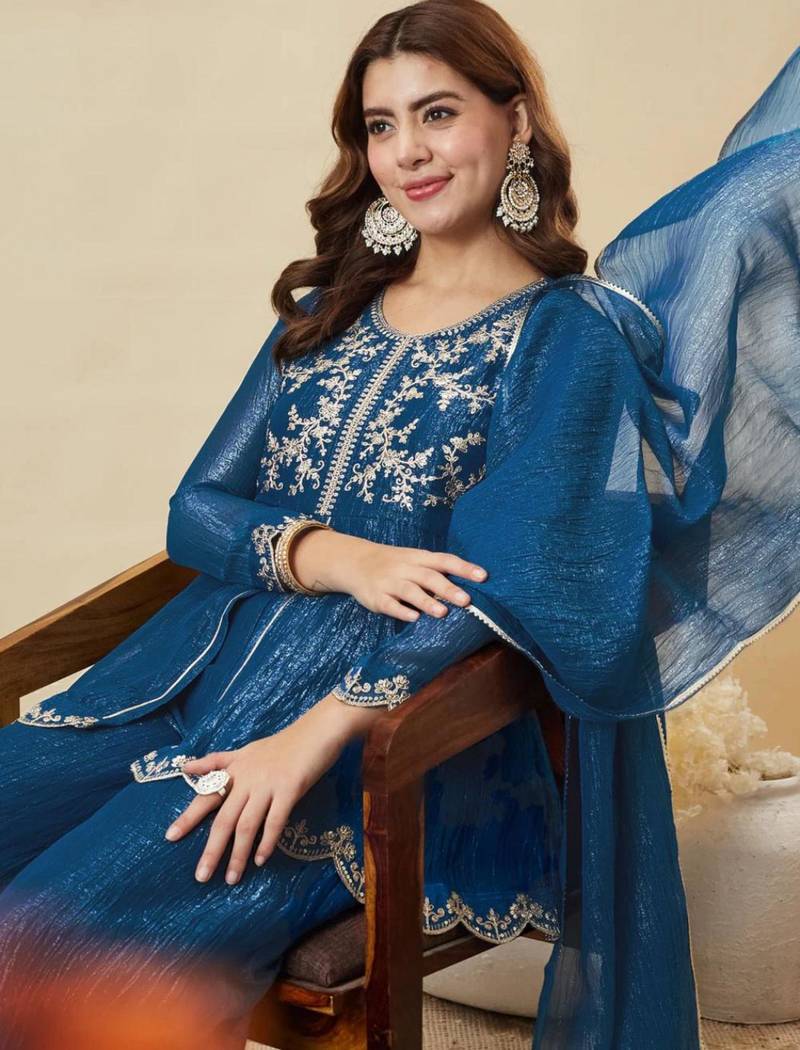 Teal blue silk blend embroidered kurta set