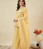 Yellow silk blend embroidered kurta set