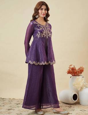 Purple silk blend embroidered kurta set 1