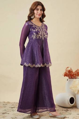 Purple silk blend embroidered kurta set