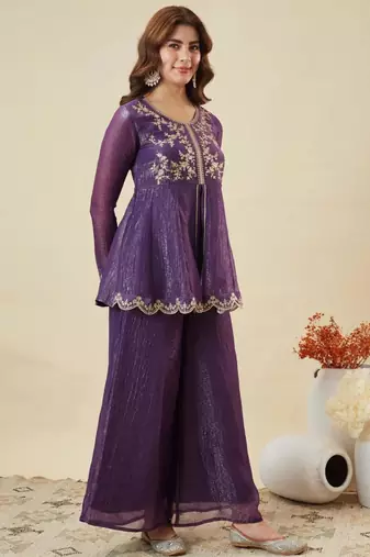 Purple silk blend embroidered kurta set