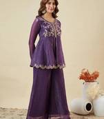 Purple silk blend embroidered kurta set