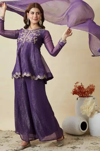 Purple silk blend embroidered kurta set