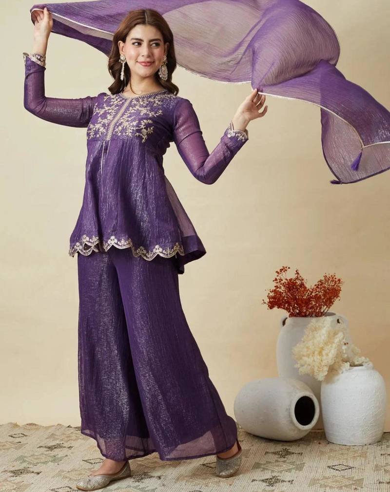 Purple silk blend embroidered kurta set