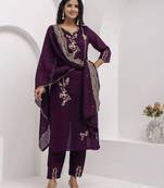Purple silk blend embroidered kurta set