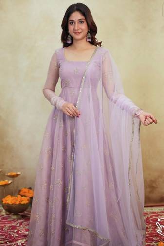 Lavender organza embroidered anarkali set