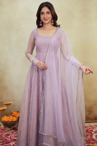 Lavender organza embroidered anarkali set