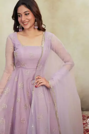 Lavender organza embroidered anarkali set