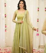 Green organza embroidered anarkali set