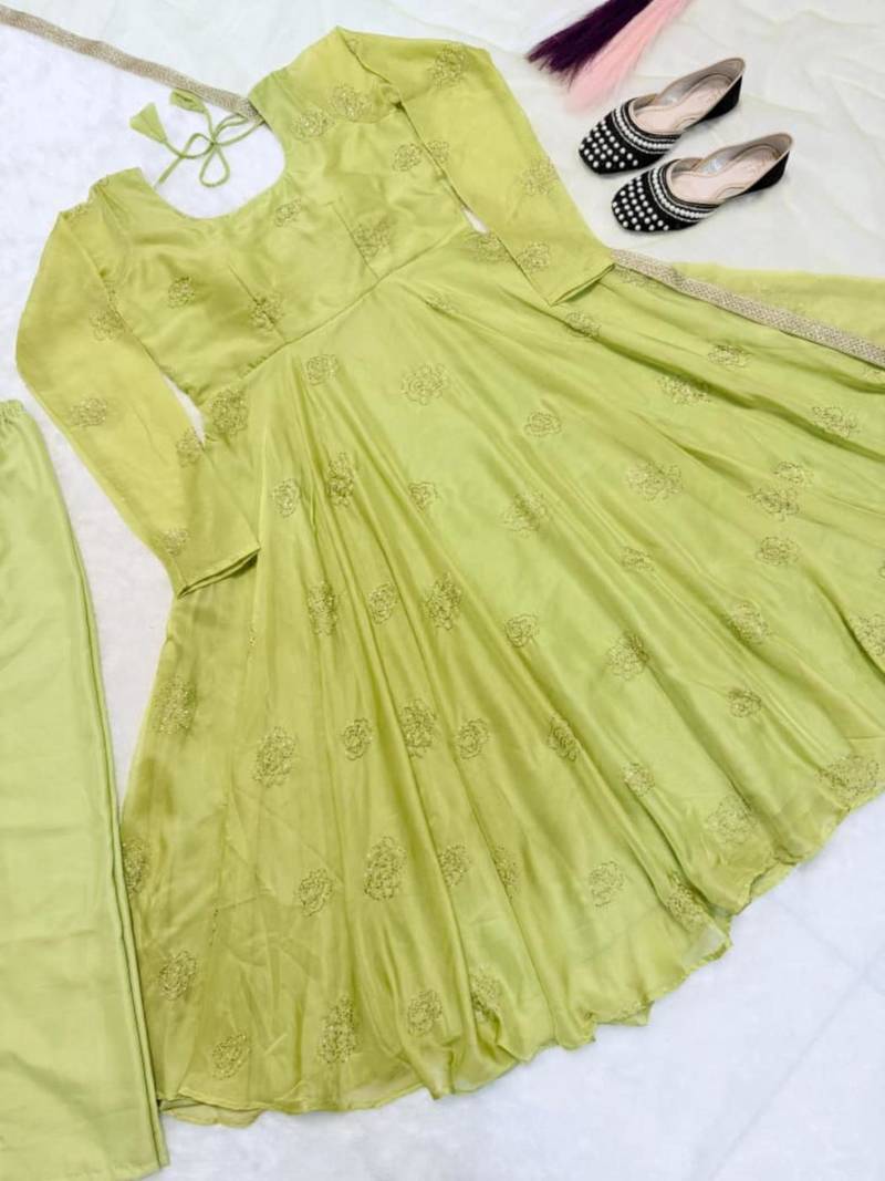 Green organza embroidered anarkali set