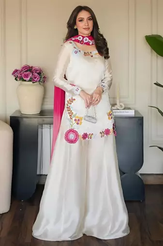 Cream silk blend embroidered palazzo set