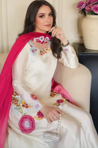 Cream silk blend embroidered palazzo set