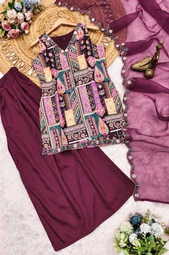 Purple satin embroidered palazzo set