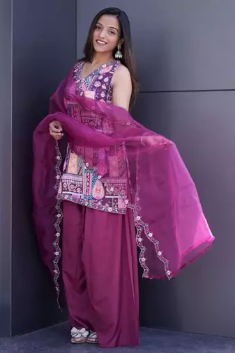 Purple satin embroidered palazzo set
