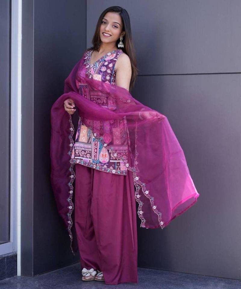 Purple satin embroidered palazzo set