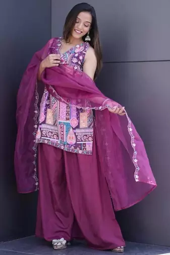 Purple satin embroidered palazzo set