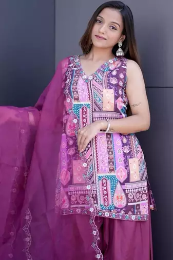 Purple satin embroidered palazzo set