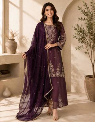 Plum silk blend embroidered palazzo set 1