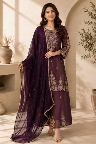 Plum silk blend embroidered palazzo set