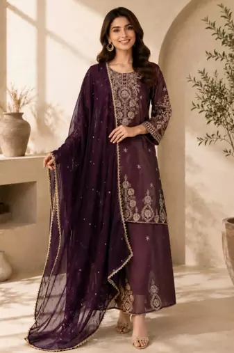 Plum silk blend embroidered palazzo set