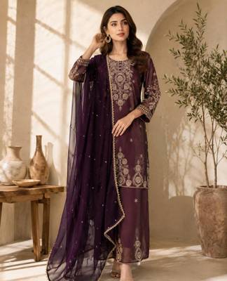 Plum silk blend embroidered palazzo set 2