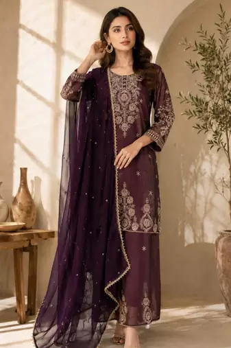 Plum silk blend embroidered palazzo set