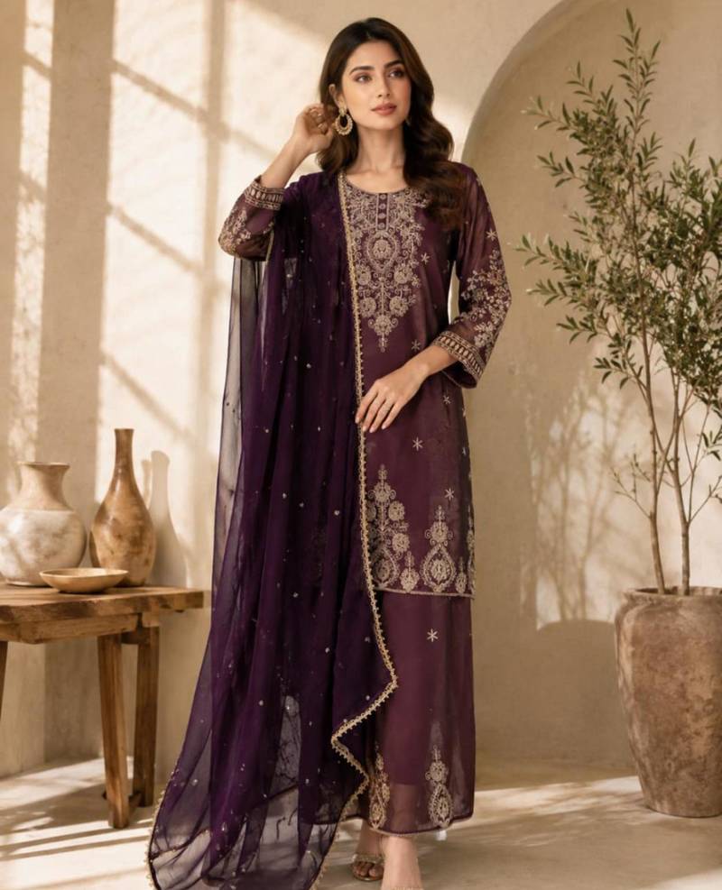 Plum silk blend embroidered palazzo set
