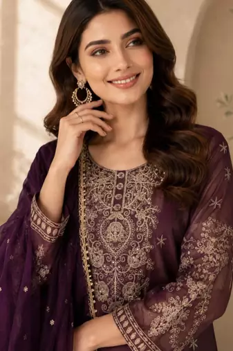 Plum silk blend embroidered palazzo set