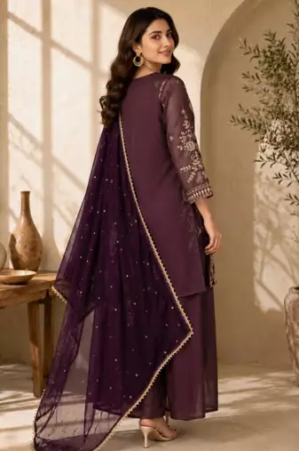 Plum silk blend embroidered palazzo set