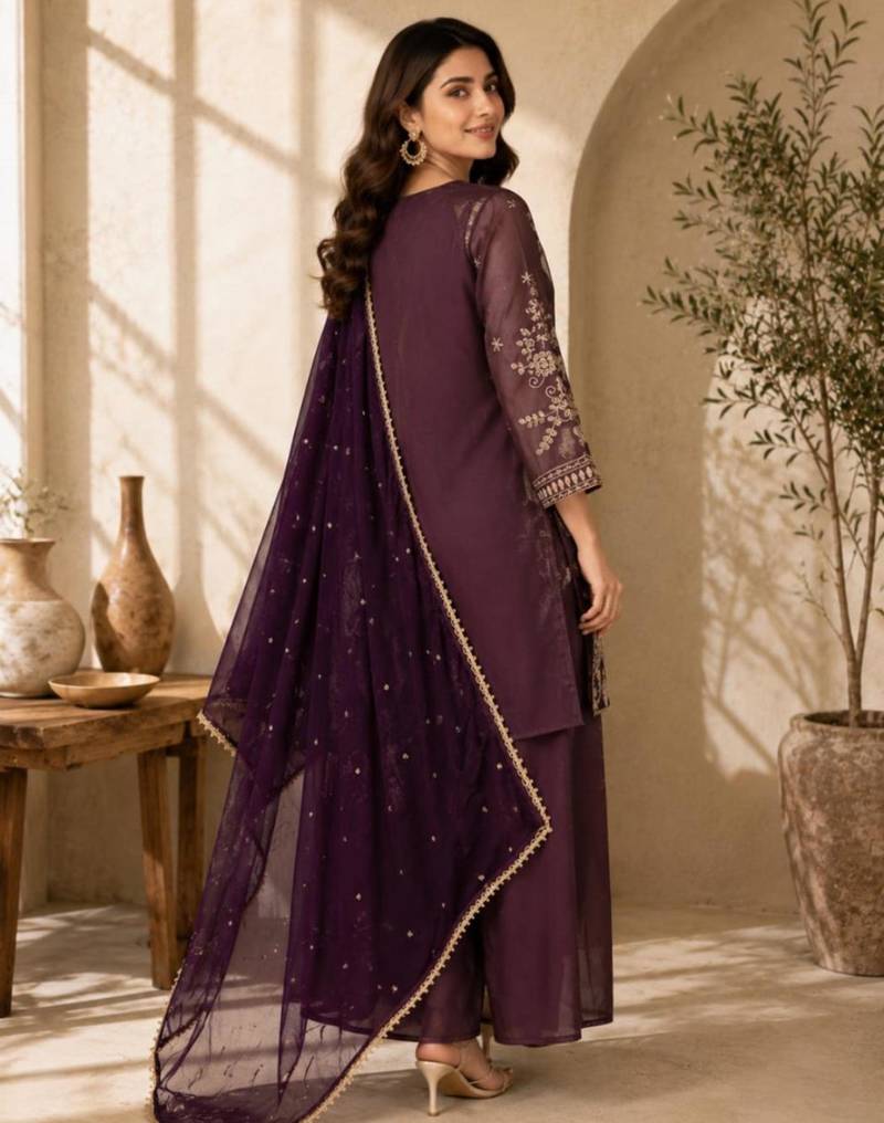Plum silk blend embroidered palazzo set