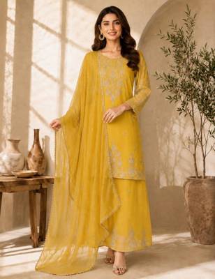 Yellow silk blend embroidered palazzo set 1