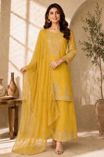 Yellow silk blend embroidered palazzo set