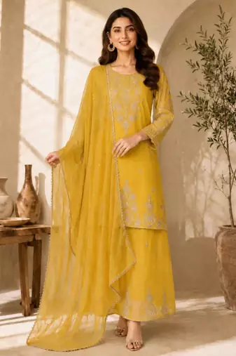 Yellow silk blend embroidered palazzo set