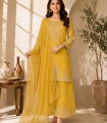 Yellow silk blend embroidered palazzo set